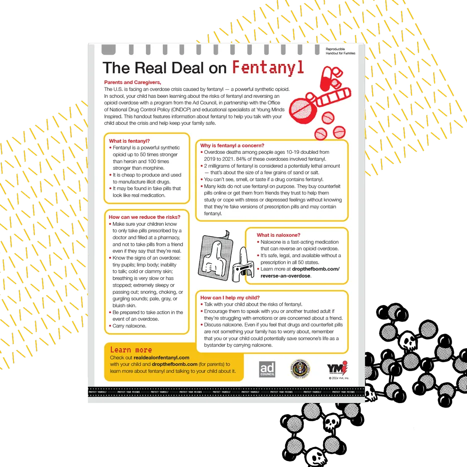 A screenshot of the fentanyl lesson plan with yellow lines behind it and a black molecule illustration of skulls behind it.