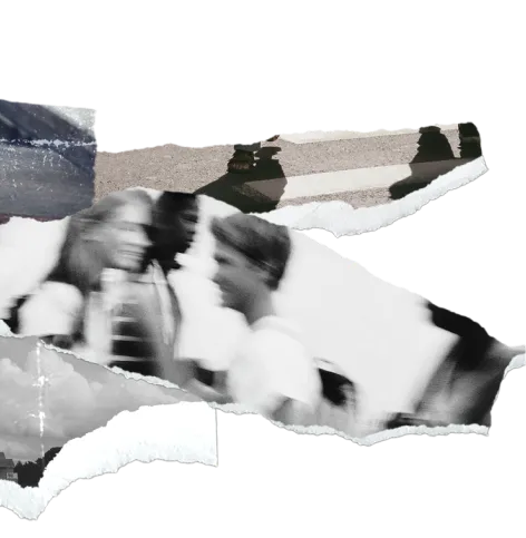 Ripped paper collage of black and white photo of buses, a close up of school chairs, a close up of feet crossing a cross walk, and a blurred black and white photo of students walking.