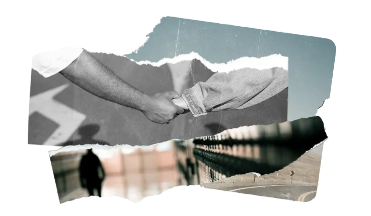 Ripped paper collage of a black and white image of two arms holding hands, a silhouette of someone walking down a school hallway, and a highway in the desert collaged over red blocks.