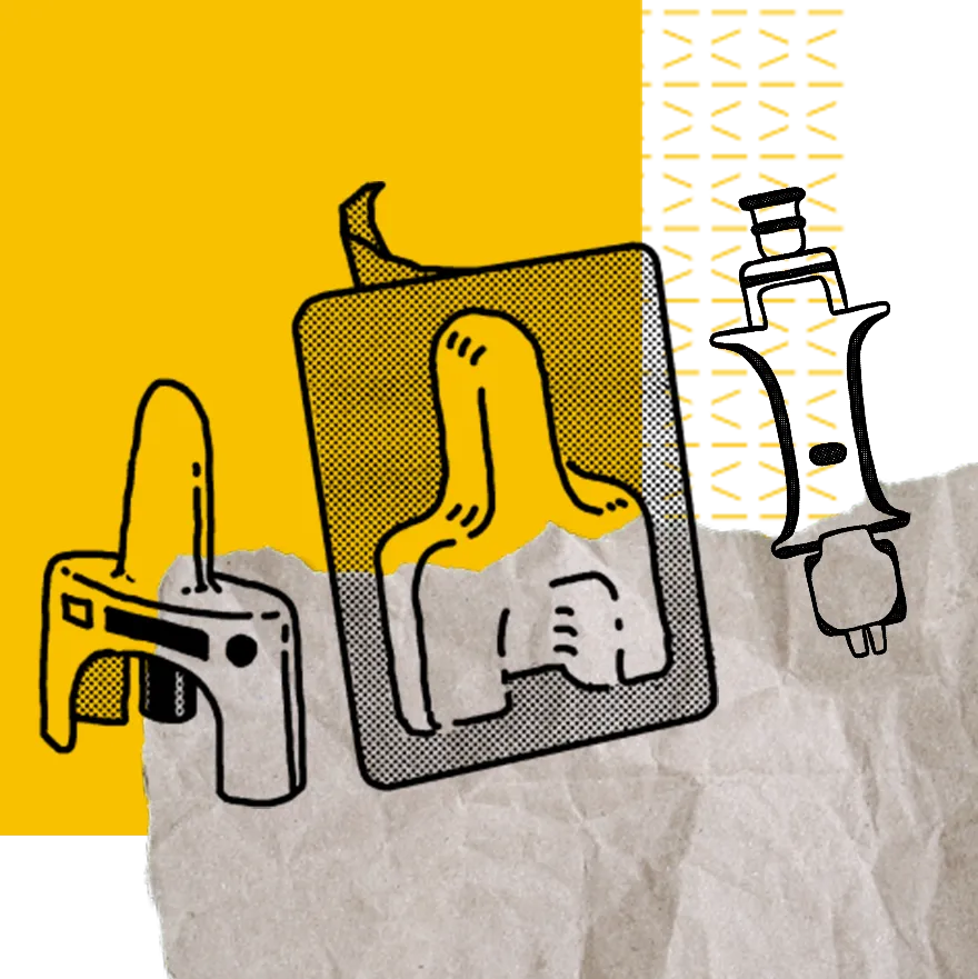 Illustration of two naloxone nasal sprays and one naloxone injector collaged on top of a yellow block and ripped tan paper.