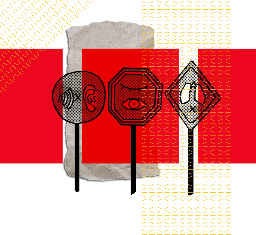 Illustration of three traffic signs with drawings of an ear, eye, and lung collaged on top of red blocks, yellow textured lines, and ripped paper.