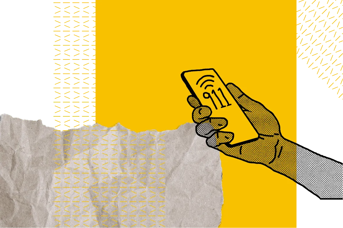 Illustration of a hand holding a phone calling 911 collaged on top of a yellow block, yellow textured lines, and ripped paper