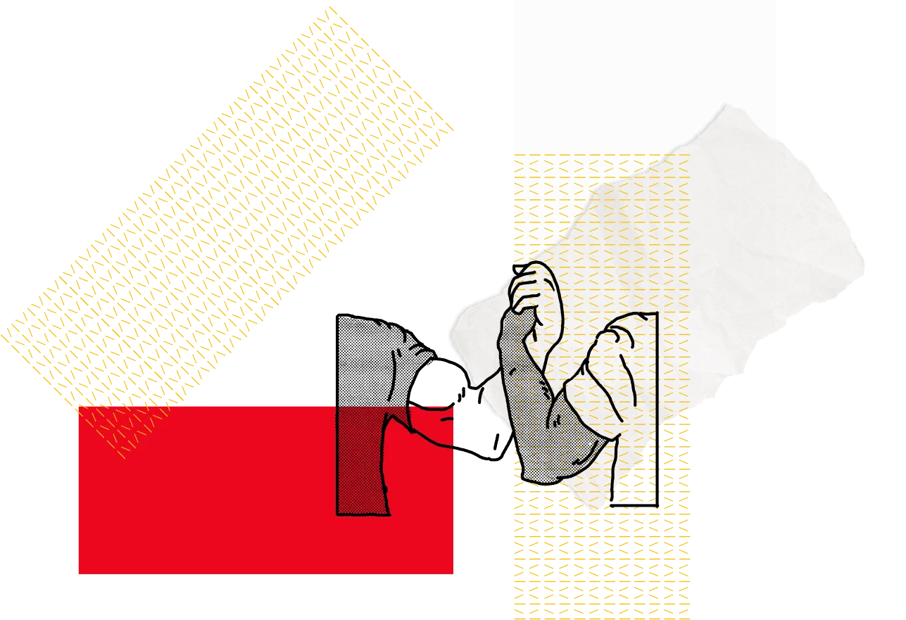 Illustration with two arms wrapped together holding hands on top of a collaged elements including a red block and yellow textured lines and ripped paper.