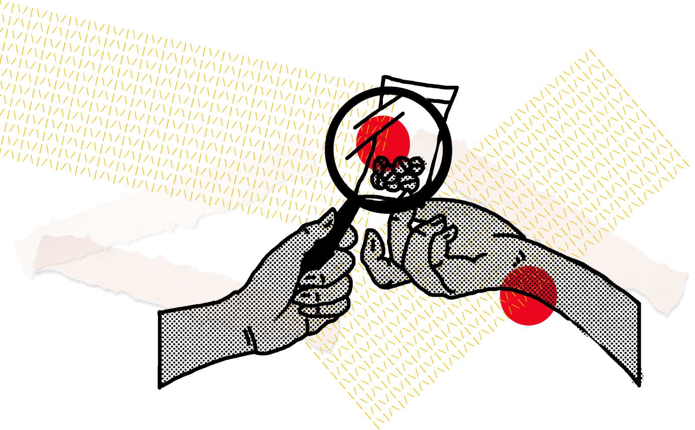 Black and white illustration of two hands holding a magnifying glass over a bag of an unidentified substance with red dots collaged over it on top of yellow textured lines and ripped paper.